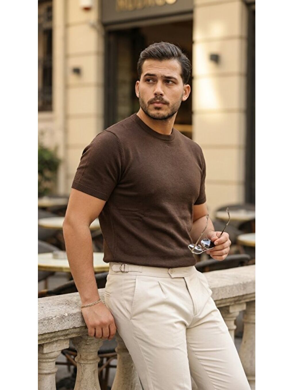 Kahverengi Erkek Basic Bisiklet Yaka Kısa Kollu Triko Tişört-1