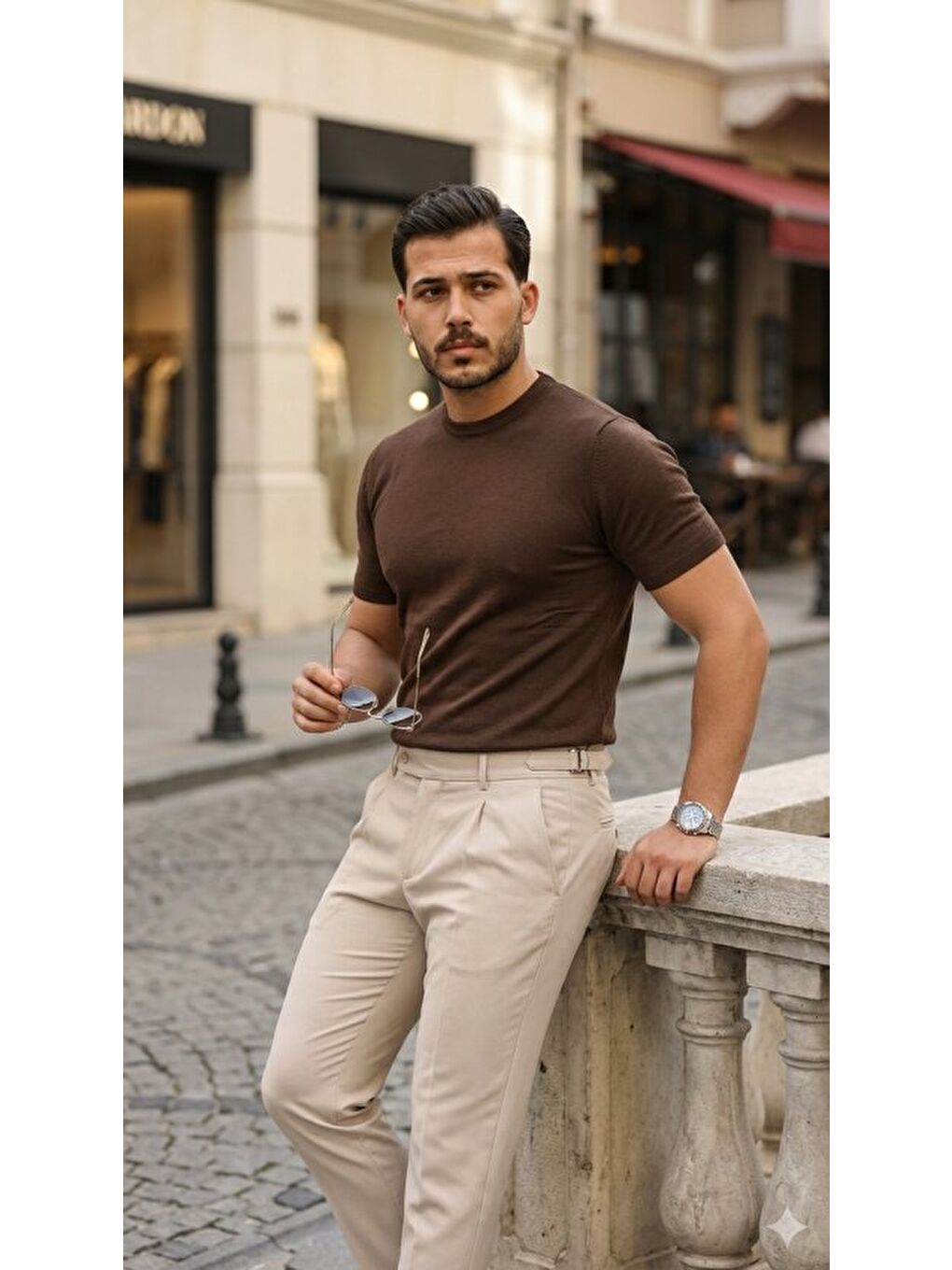 Kahverengi Erkek Basic Bisiklet Yaka Kısa Kollu Triko Tişört-4