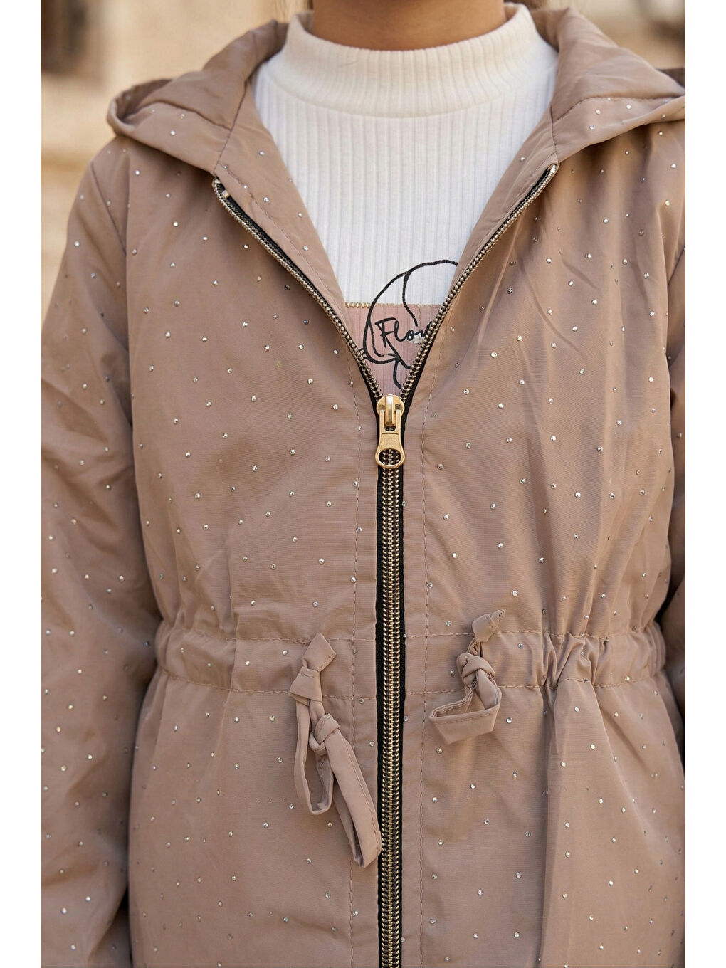 Bej Kız Çocuk Nova Kumaşlı Taşlı Trençkotlu Penyeli Keten Pantolonlu Alt Üst Takım-3