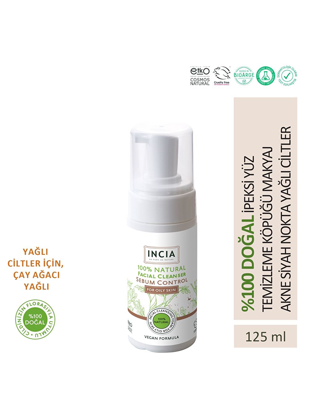 %100 Doğal İpeksi Yüz Temizleme Köpüğü Makyaj Akne Siyah Nokta Sivilce Yağlı Ciltler Vegan 125 ml