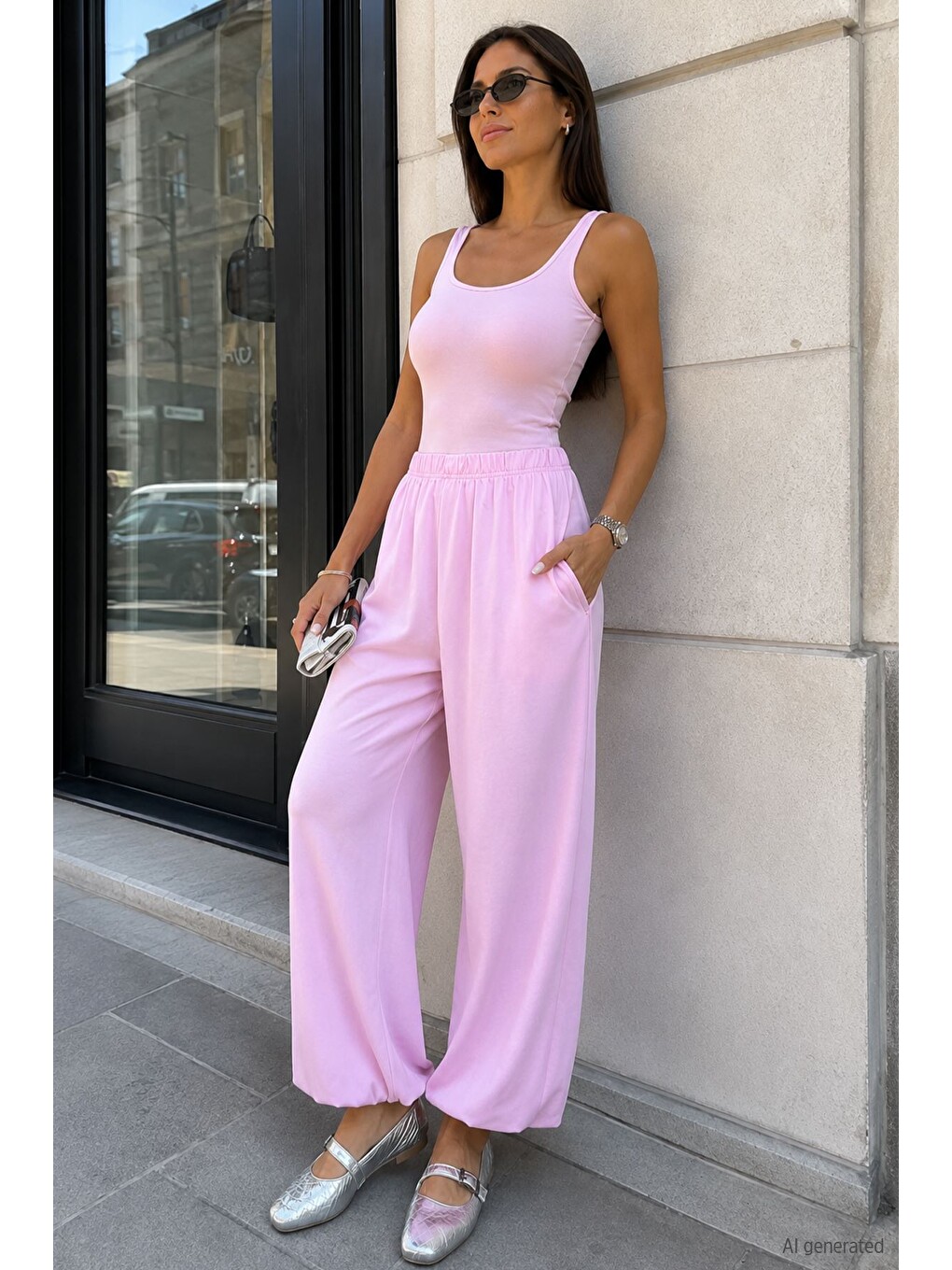 Pembe Kadın Bel Ve Paça Lastikli Şalvar Model Pantolon