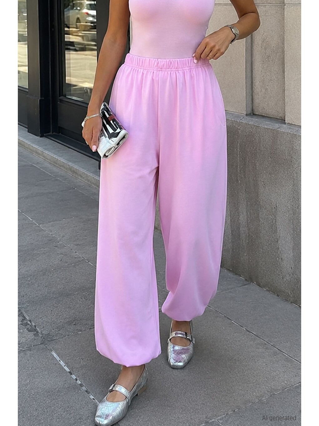 Pembe Kadın Bel Ve Paça Lastikli Şalvar Model Pantolon-1