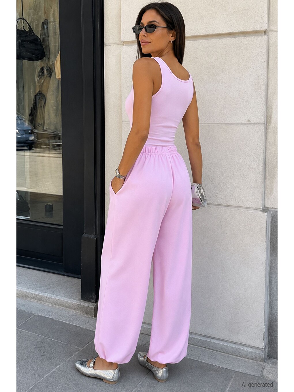 Pembe Kadın Bel Ve Paça Lastikli Şalvar Model Pantolon-2