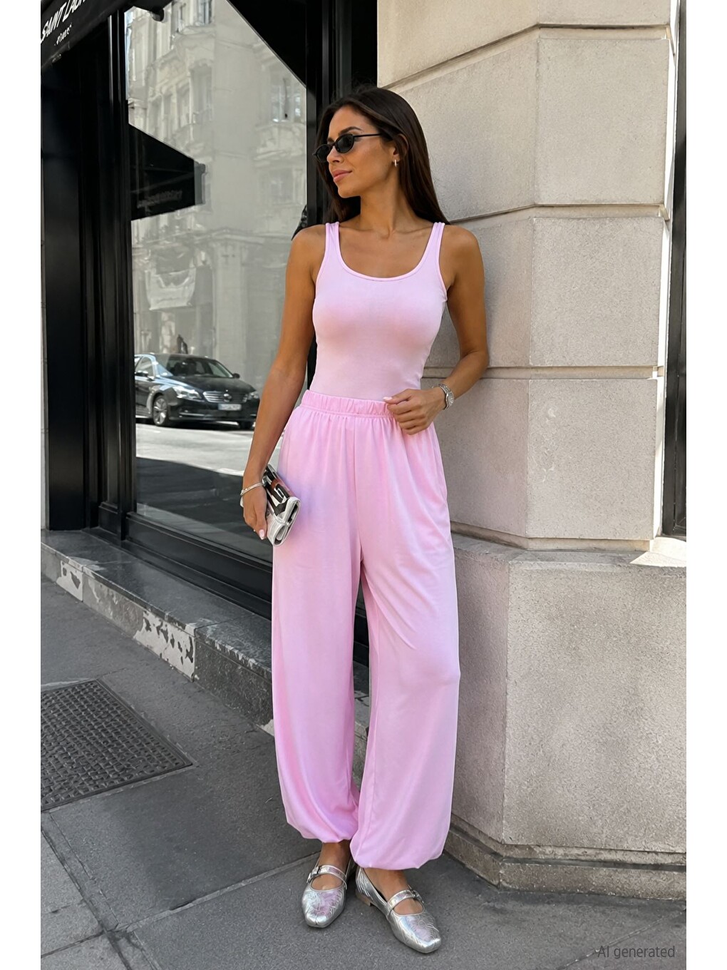 Pembe Kadın Bel Ve Paça Lastikli Şalvar Model Pantolon-3