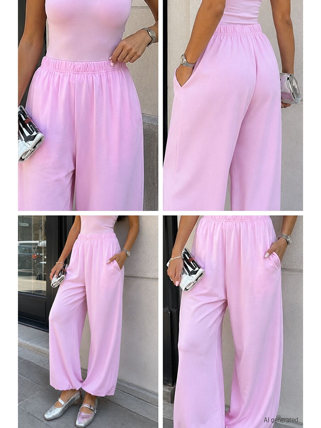 Pembe Kadın Bel Ve Paça Lastikli Şalvar Model Pantolon-4