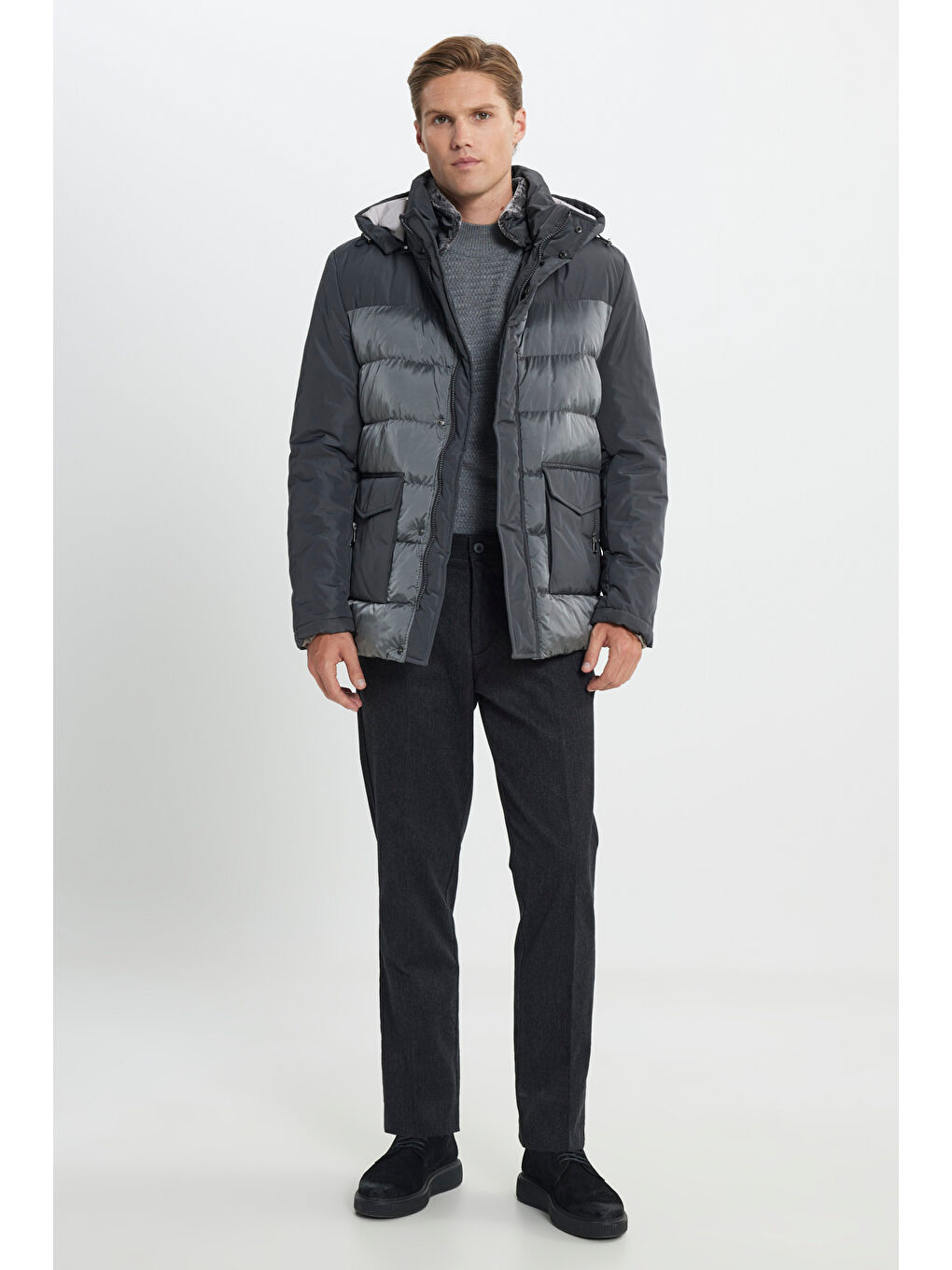 Erkek Antrasit Standart Fit Normal Kesim Dik Yaka Soğuk Geçirmeyen Kaban-1