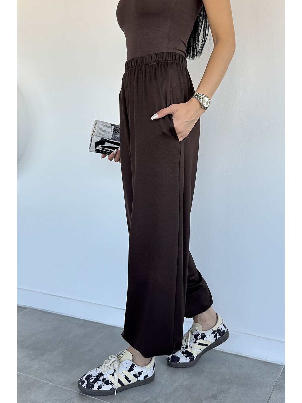 Kahverengi Kadın Bel Ve Paça Lastikli Şalvar Model Pantolon-1