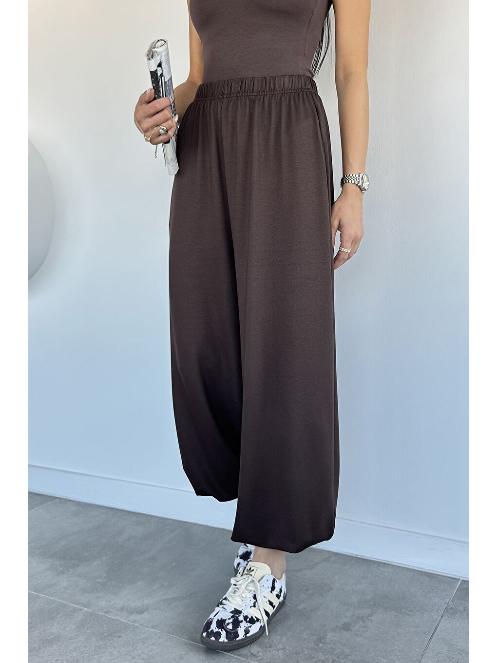 Kahverengi Kadın Bel Ve Paça Lastikli Şalvar Model Pantolon-2