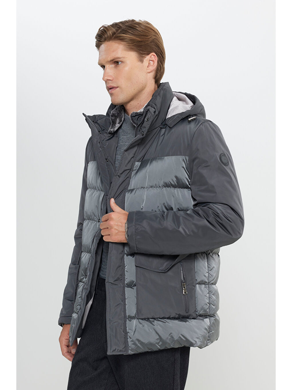 Erkek Antrasit Standart Fit Normal Kesim Dik Yaka Soğuk Geçirmeyen Kaban-2