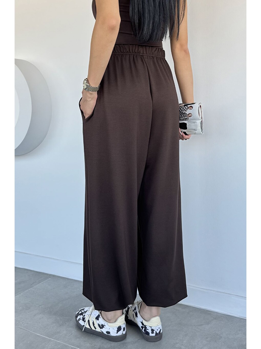 Kahverengi Kadın Bel Ve Paça Lastikli Şalvar Model Pantolon-3
