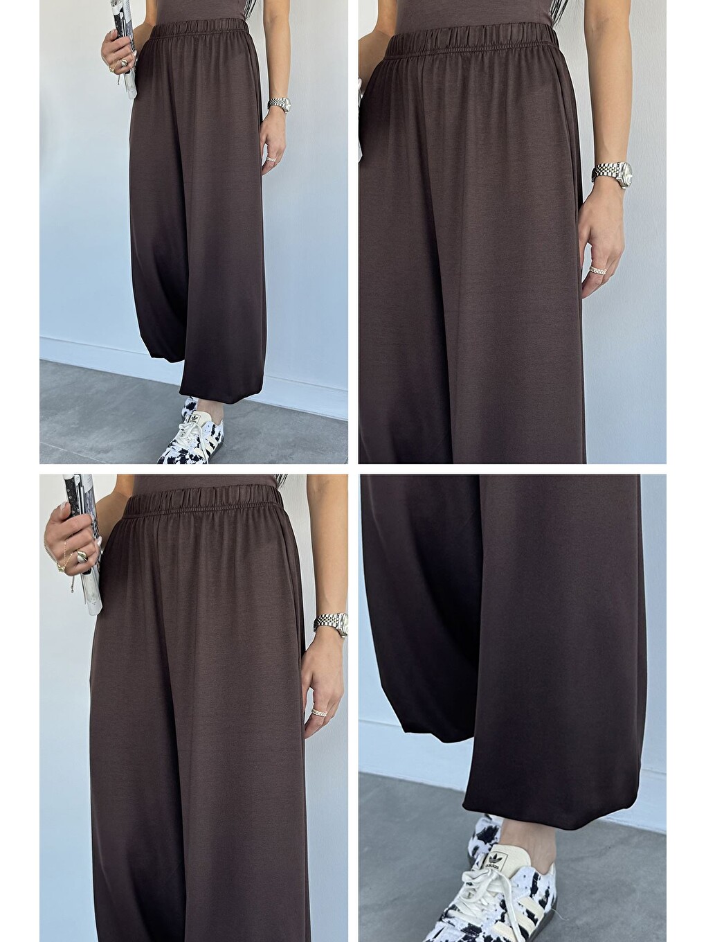 Kahverengi Kadın Bel Ve Paça Lastikli Şalvar Model Pantolon-4