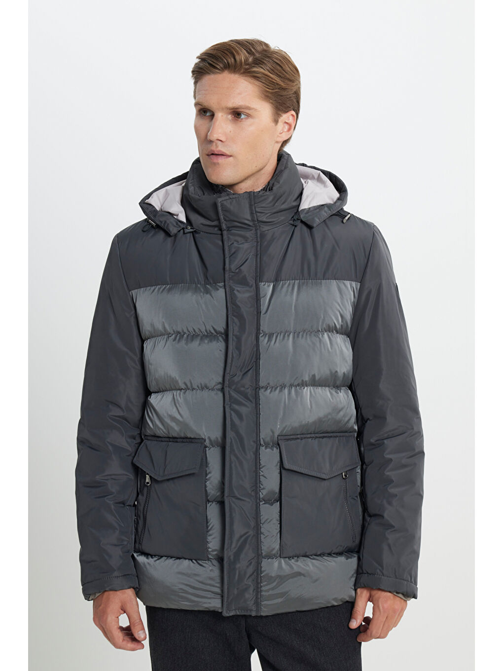 Erkek Antrasit Standart Fit Normal Kesim Dik Yaka Soğuk Geçirmeyen Kaban-3