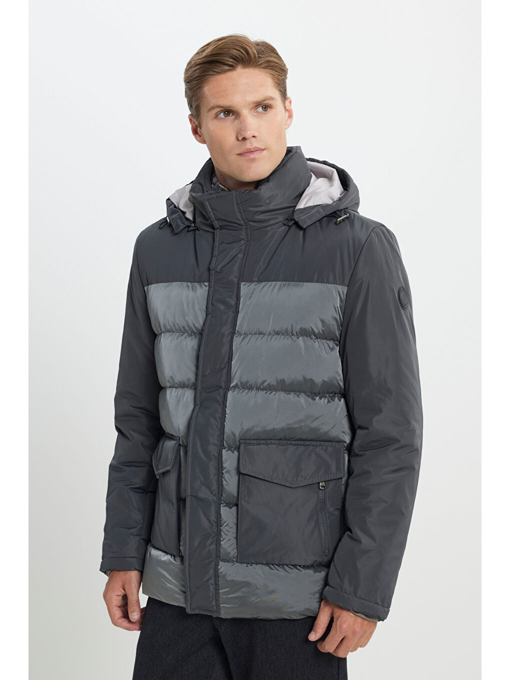 Erkek Antrasit Standart Fit Normal Kesim Dik Yaka Soğuk Geçirmeyen Kaban-4