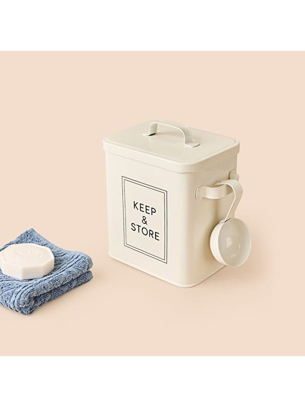 Ekru Bath Kapaklı Deterjan Kutusu - Krem - 18 cm-1