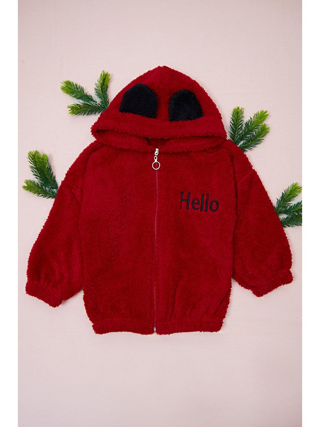 Kırmızı Hello Nakışlı Fermuarlı Unisex Çocuk Pelüş Mont