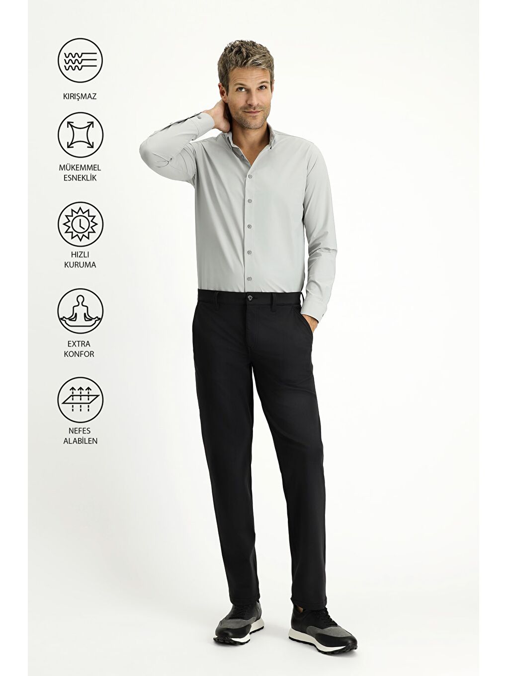 Siyah Techno-Line Slim Fit Dar Kesim Elastanlı Klasik Kumaş Pantolon