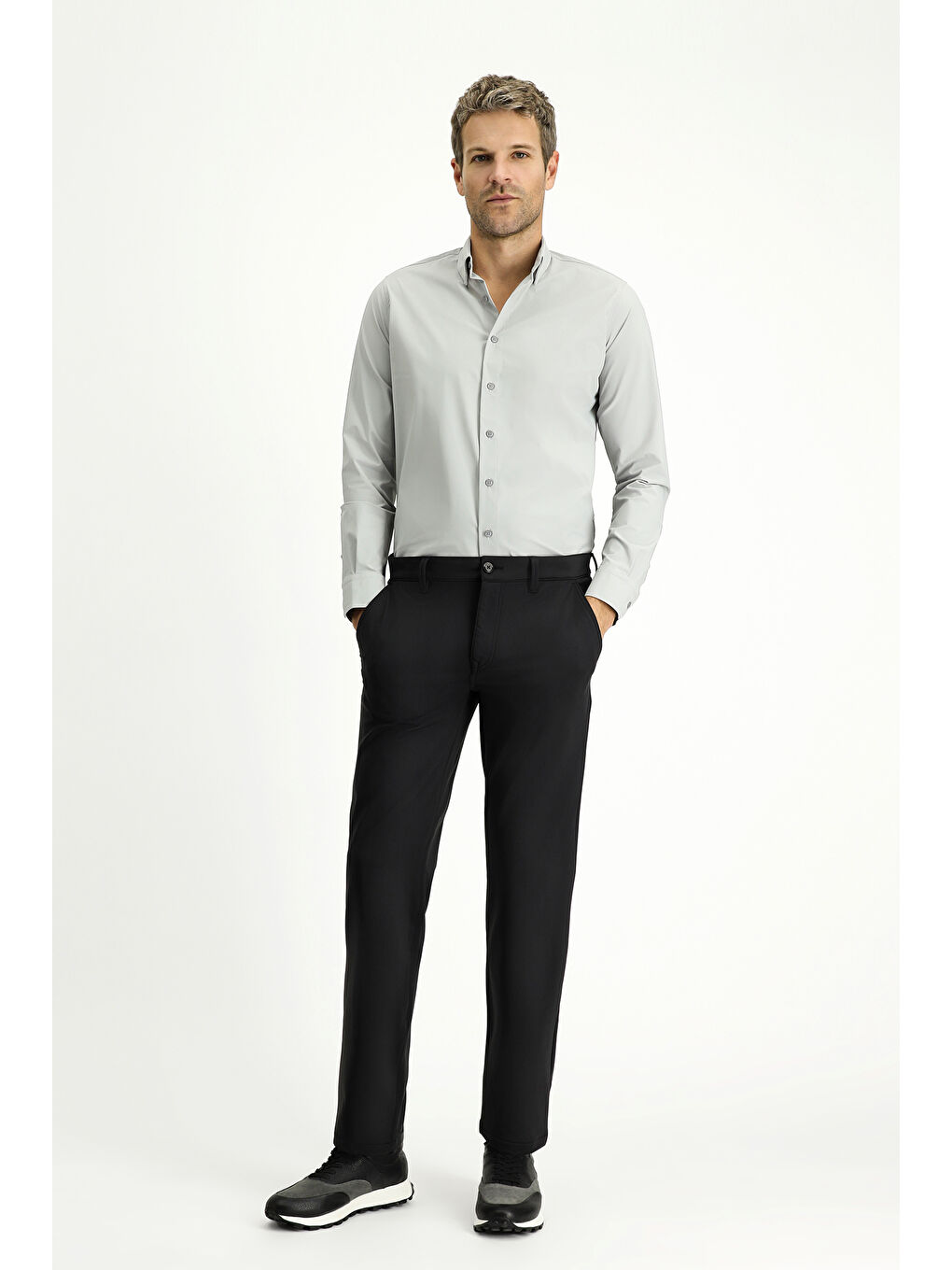 Siyah Techno-Line Slim Fit Dar Kesim Elastanlı Klasik Kumaş Pantolon-1