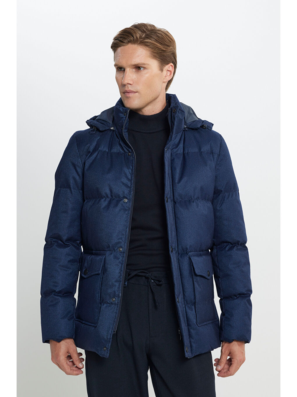 Erkek Lacivert Standart Fit Normal Kesim Kapüşonlu Kaban-2