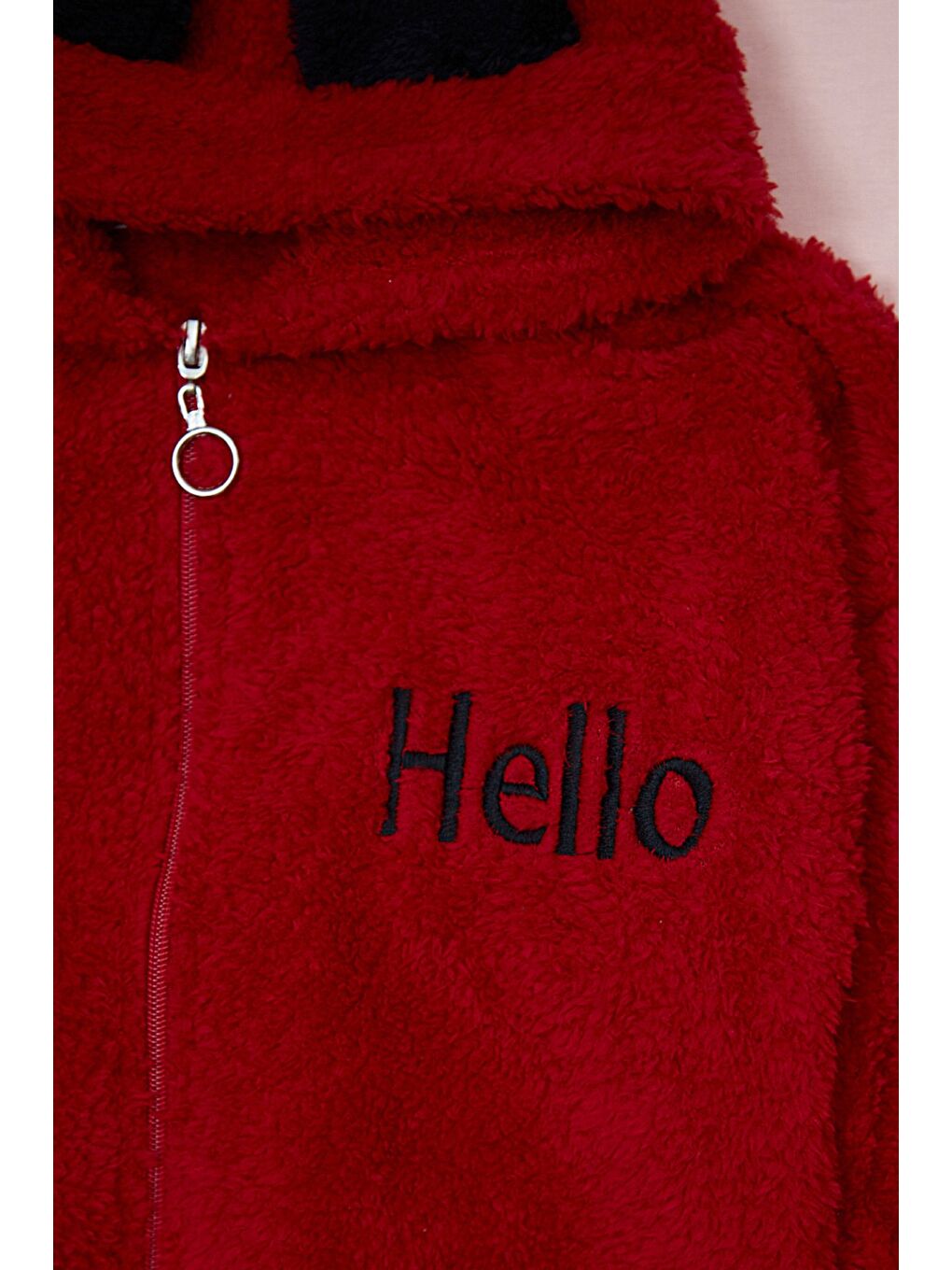 Kırmızı Hello Nakışlı Fermuarlı Unisex Çocuk Pelüş Mont-2