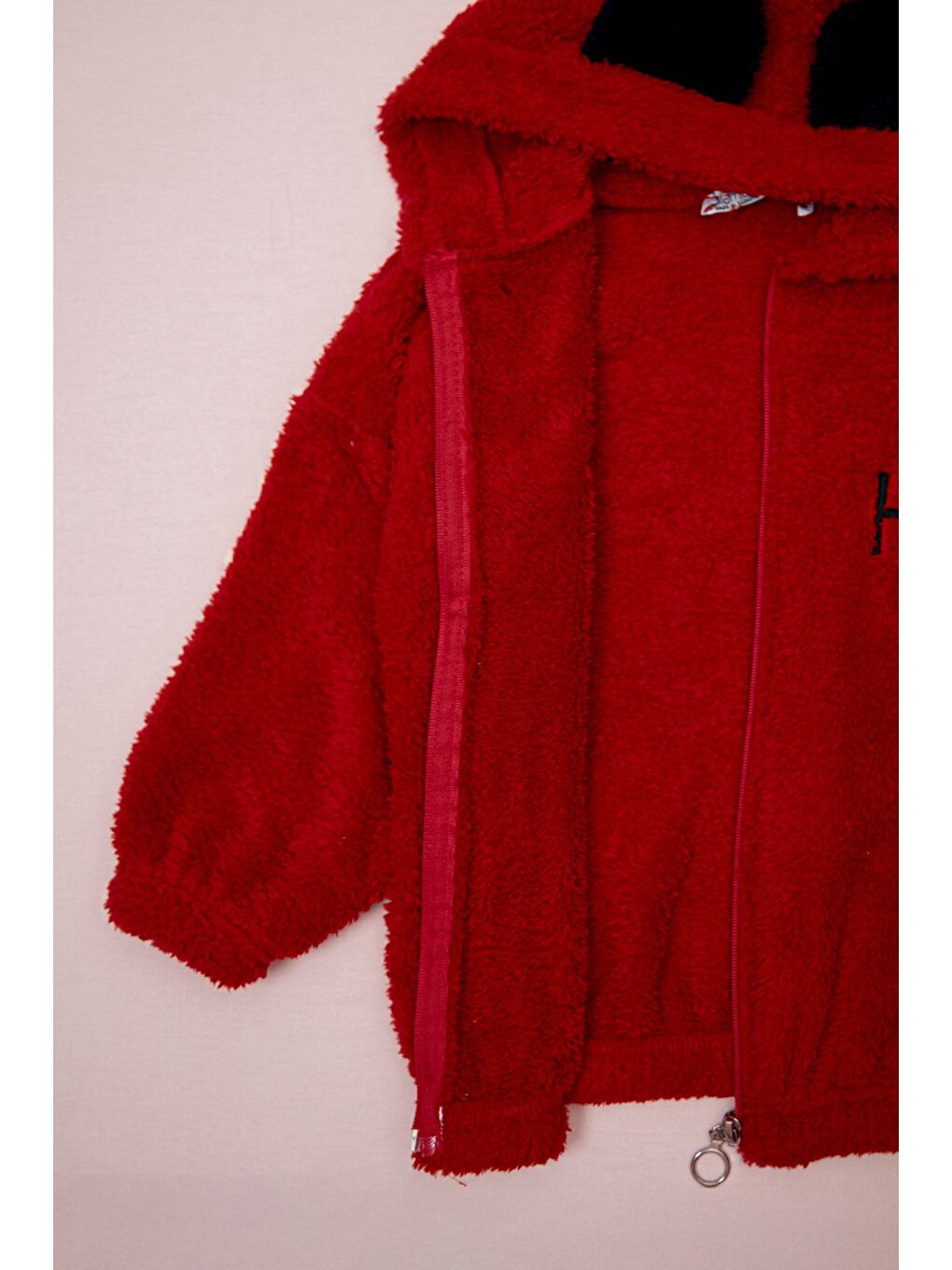 Kırmızı Hello Nakışlı Fermuarlı Unisex Çocuk Pelüş Mont-3