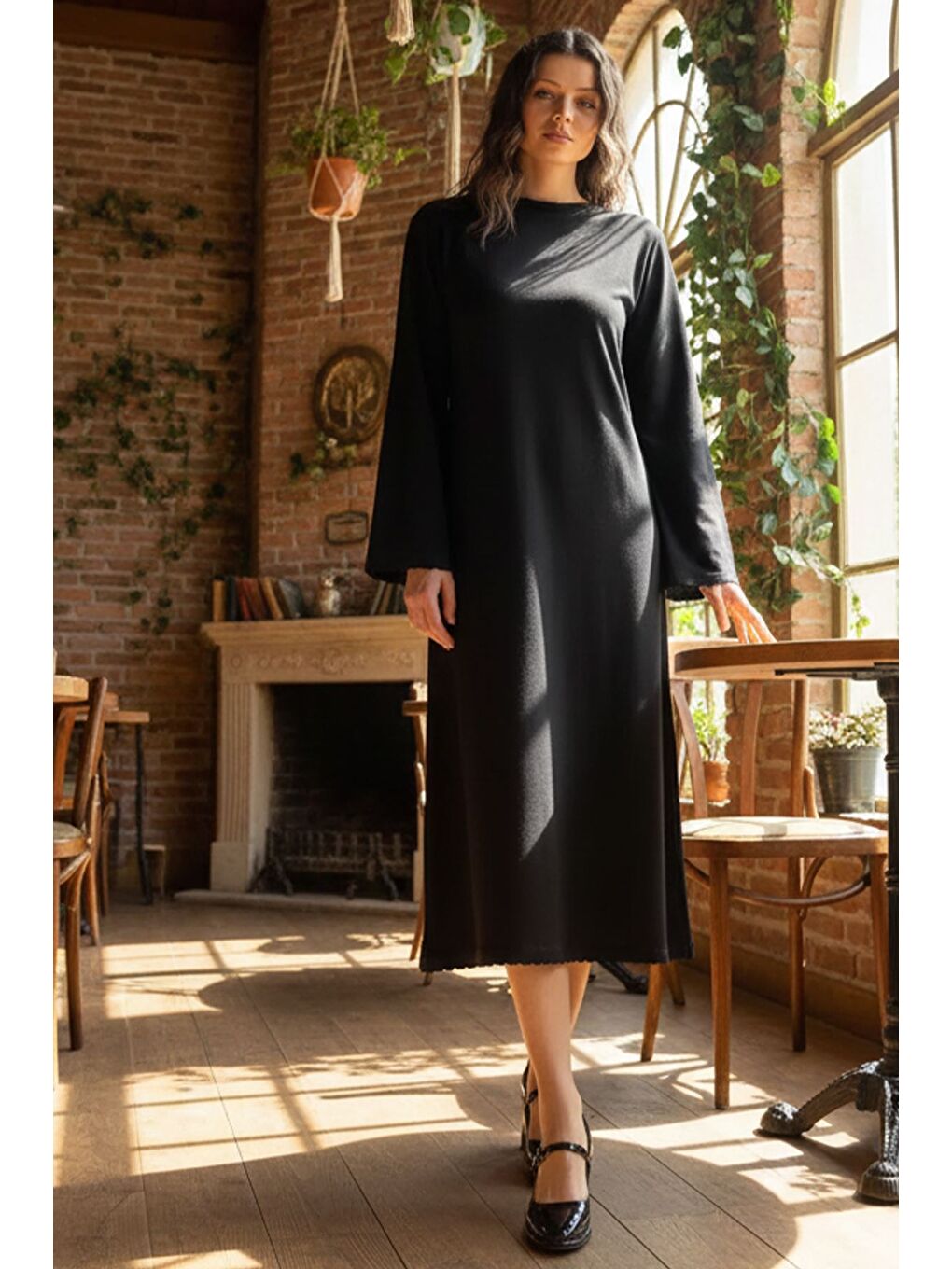 Siyah Bisiklet Yaka Triko Elbise-2