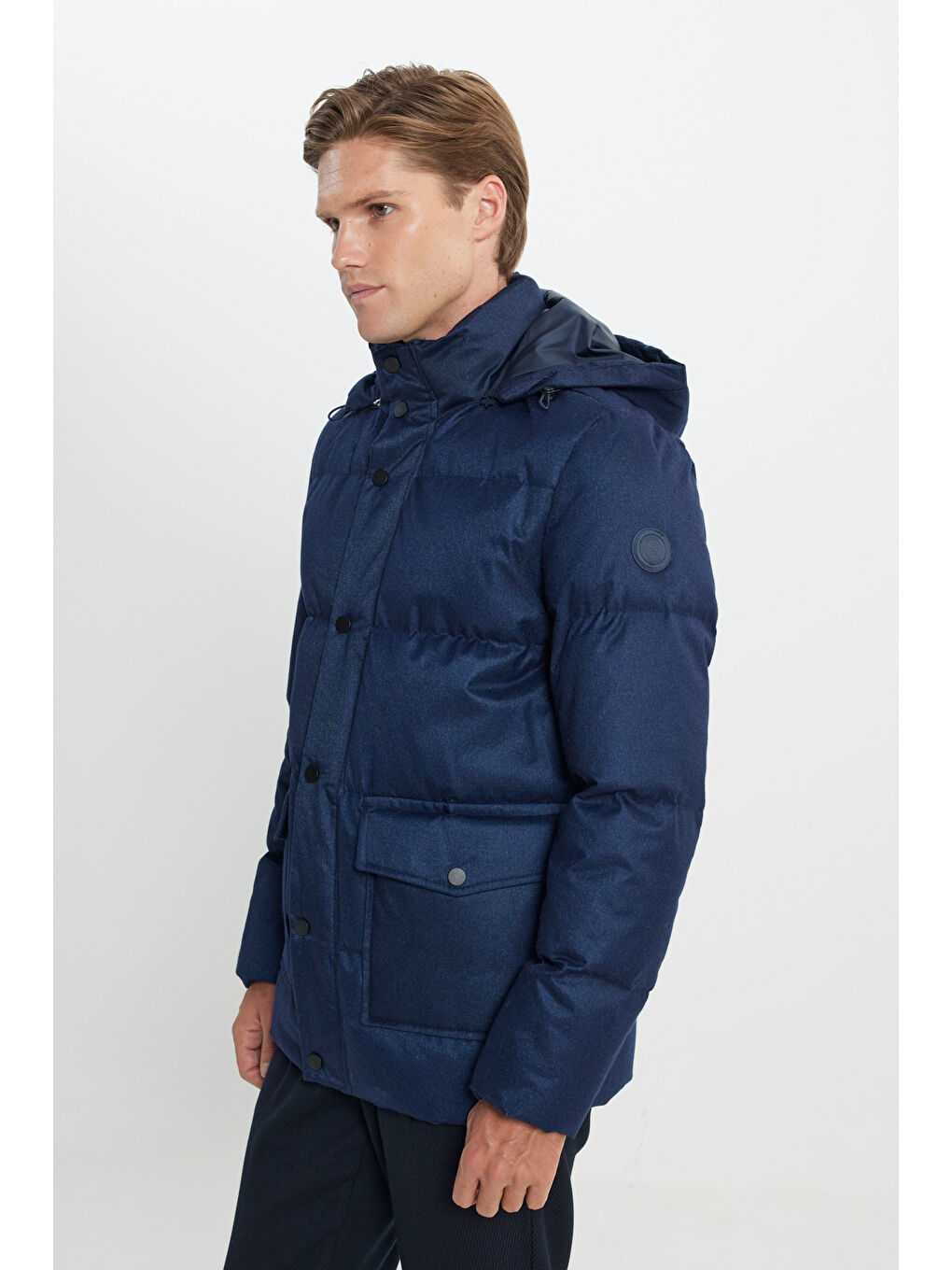 Erkek Lacivert Standart Fit Normal Kesim Kapüşonlu Kaban-5