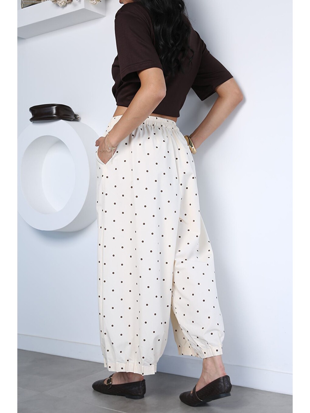 Ekru Perry Kadın Bel Lastikli Puantiyeli Pileli Baggy Pantolon-3