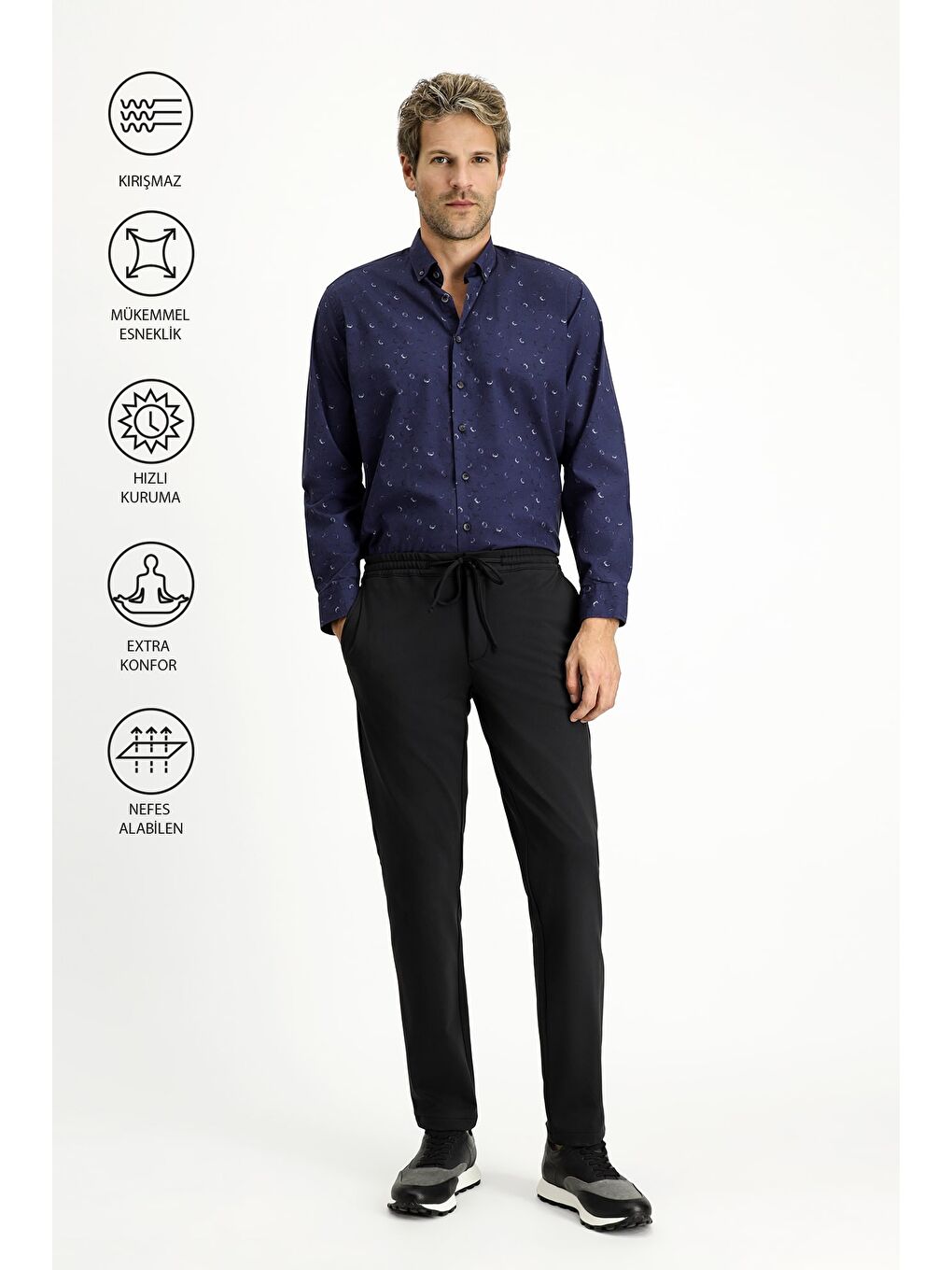 Siyah Techno-Line Slim Fit Dar Kesim Elastanlı Beli Lastikli İpli Klasik Kumaş Pantolon