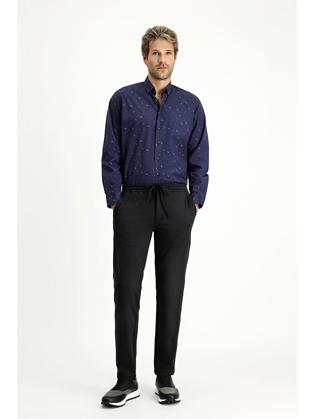 Siyah Techno-Line Slim Fit Dar Kesim Elastanlı Beli Lastikli İpli Klasik Kumaş Pantolon-1