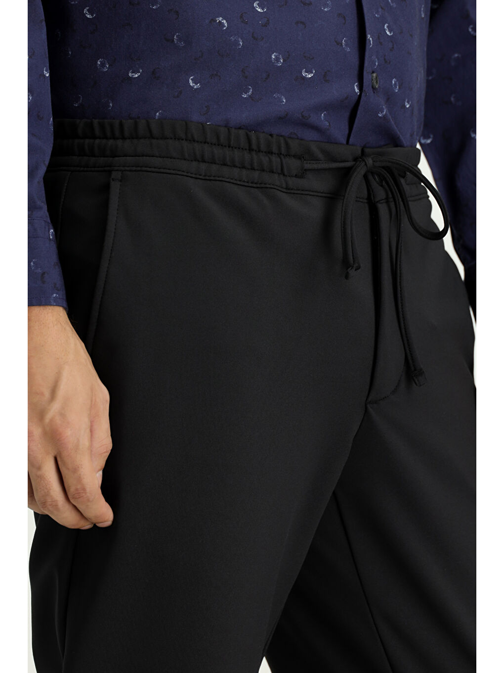 Siyah Techno-Line Slim Fit Dar Kesim Elastanlı Beli Lastikli İpli Klasik Kumaş Pantolon-2