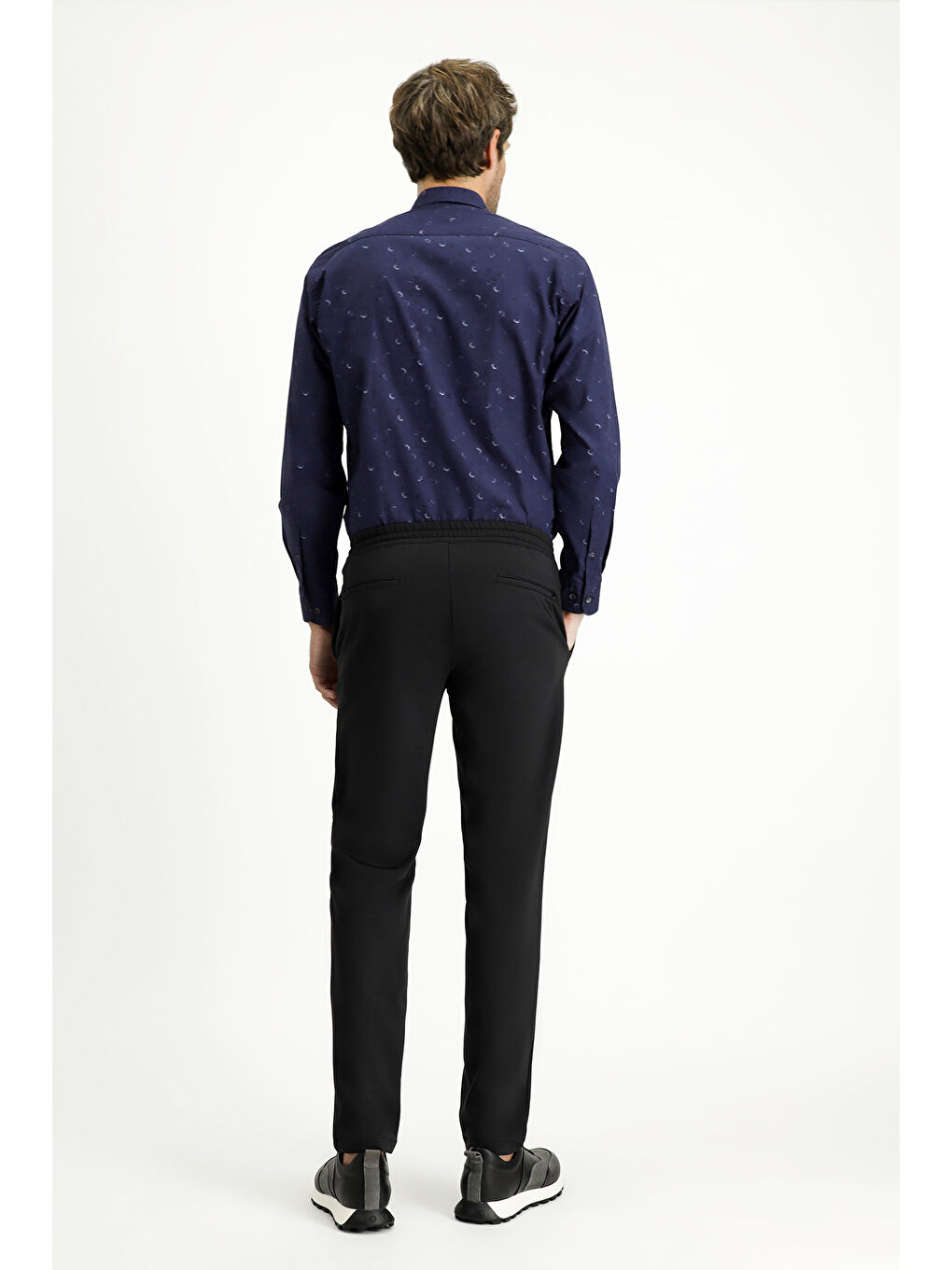 Siyah Techno-Line Slim Fit Dar Kesim Elastanlı Beli Lastikli İpli Klasik Kumaş Pantolon-3