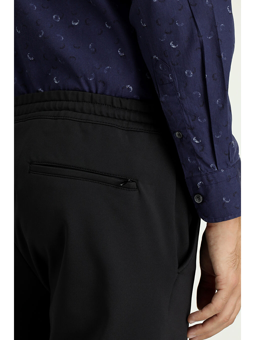 Siyah Techno-Line Slim Fit Dar Kesim Elastanlı Beli Lastikli İpli Klasik Kumaş Pantolon-4