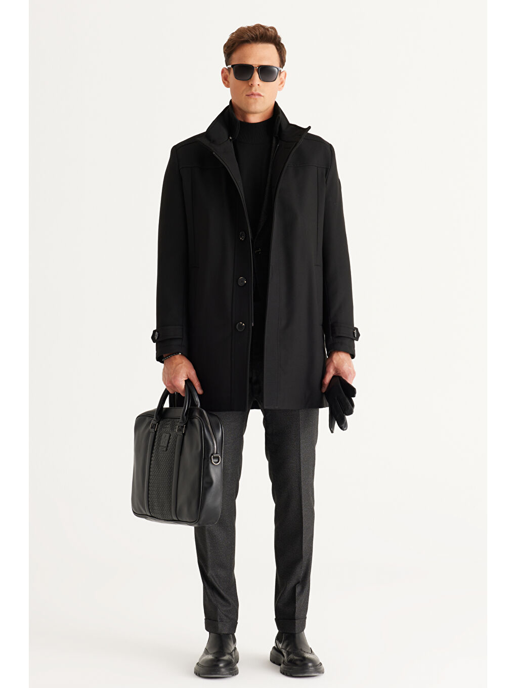 Erkek Siyah Standart Fit Normal Kesim Dik Yaka Yünlü Desenli Kaban-2