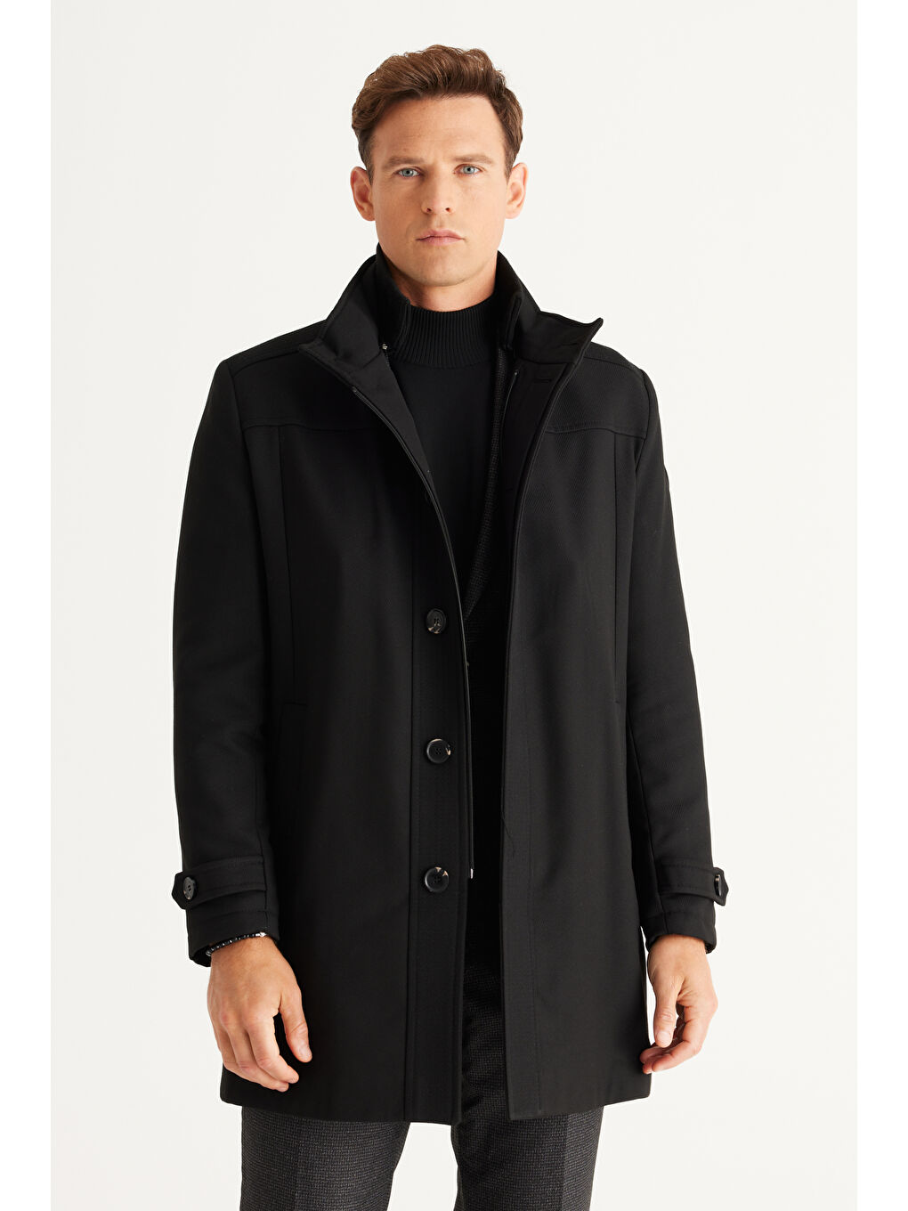 Erkek Siyah Standart Fit Normal Kesim Dik Yaka Yünlü Desenli Kaban-3