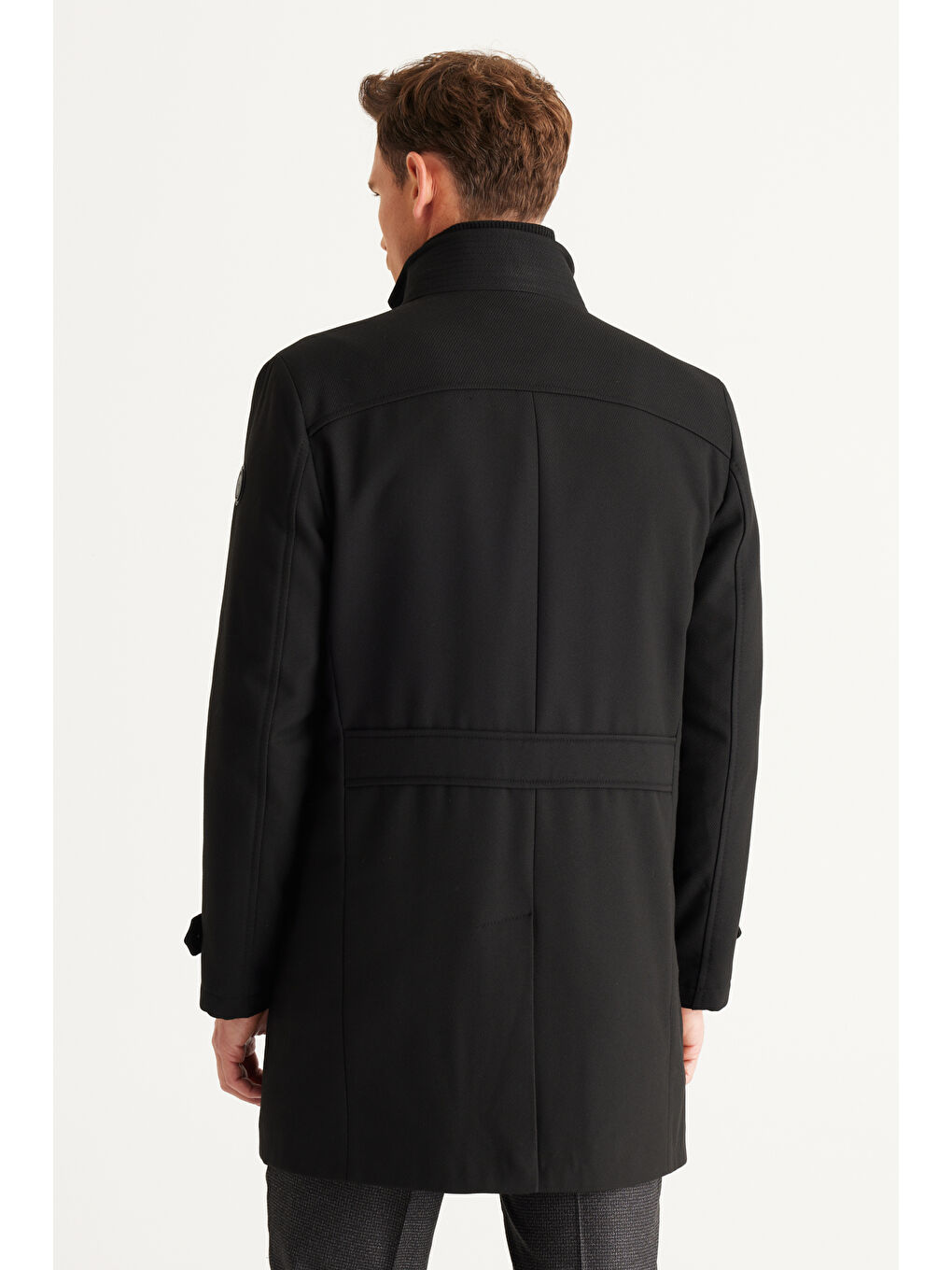 Erkek Siyah Standart Fit Normal Kesim Dik Yaka Yünlü Desenli Kaban-5