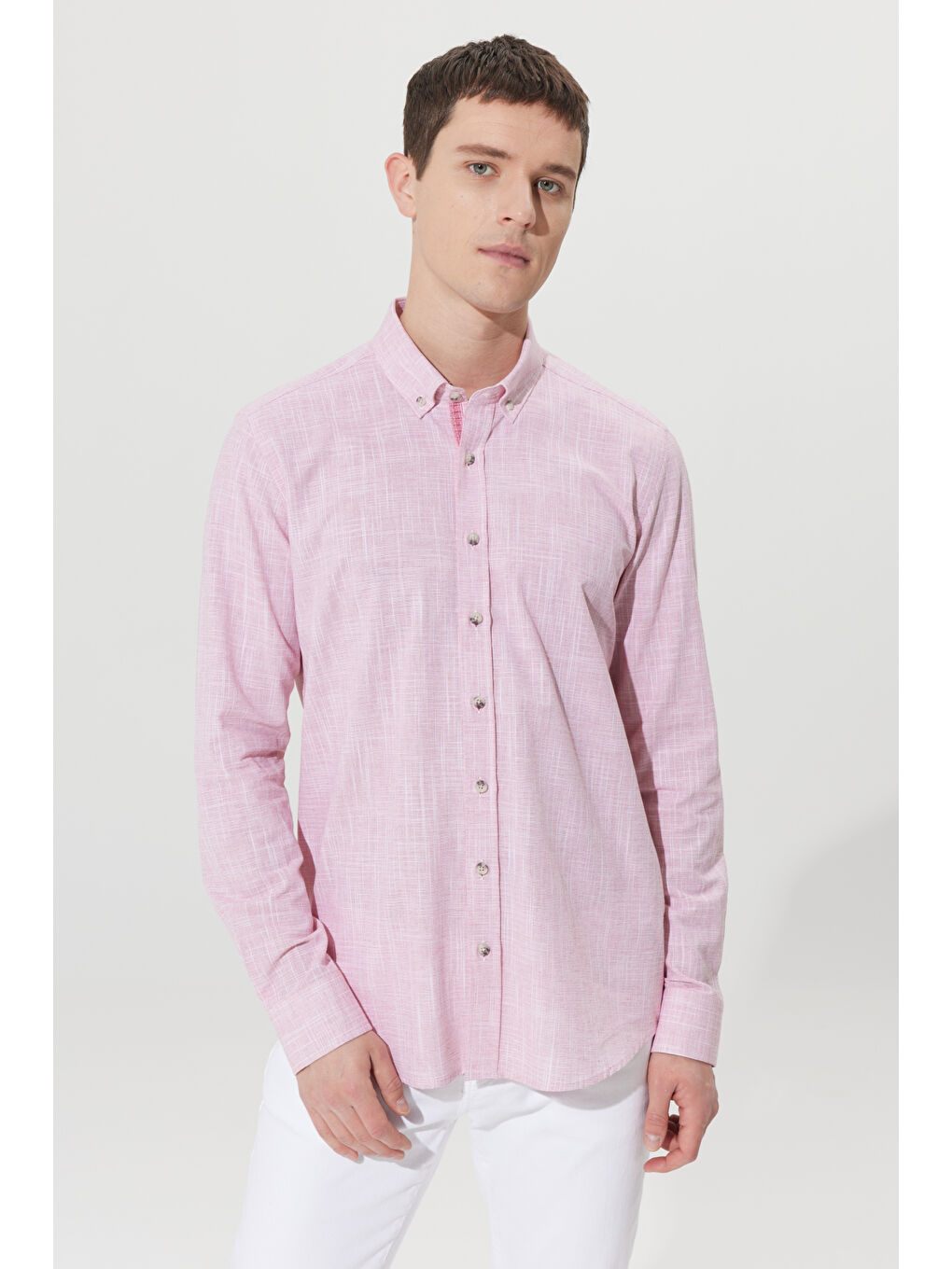 Erkek Bordo Slim Fit Dar Kesim Düğmeli Yaka Keten Görünümlü %100 Pamuk Flamlı Gömlek