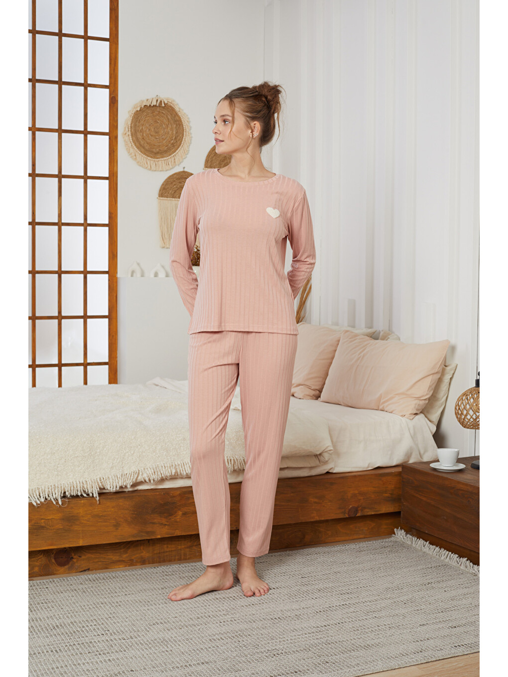 Pembe Somon Kalp Nakışlı Fitilli Örme Pijama Takım25226003