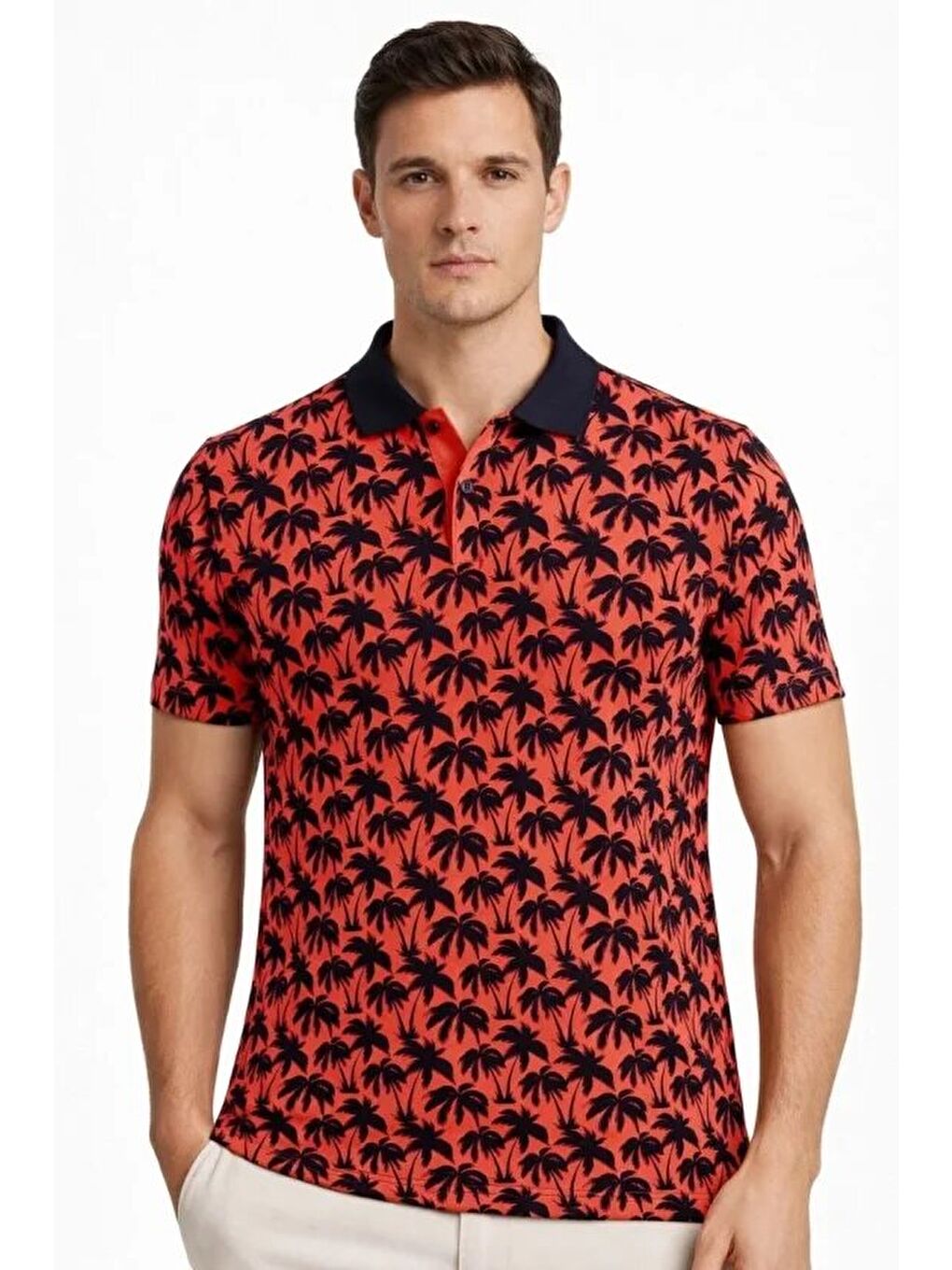 Kırmızı Erkek Pike Kumaş Polo Yaka Palmiye Desenli Tişört