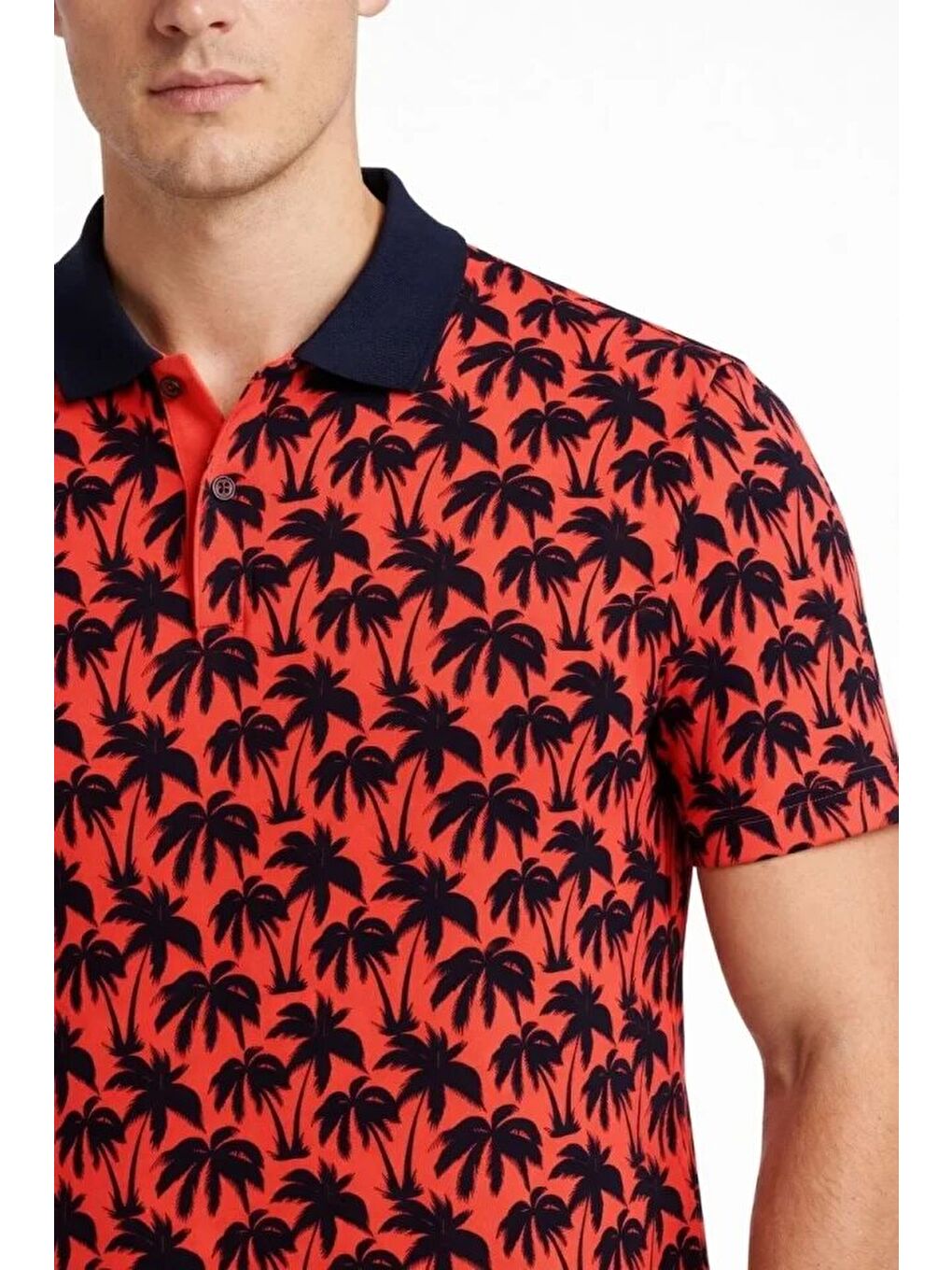 Kırmızı Erkek Pike Kumaş Polo Yaka Palmiye Desenli Tişört-1