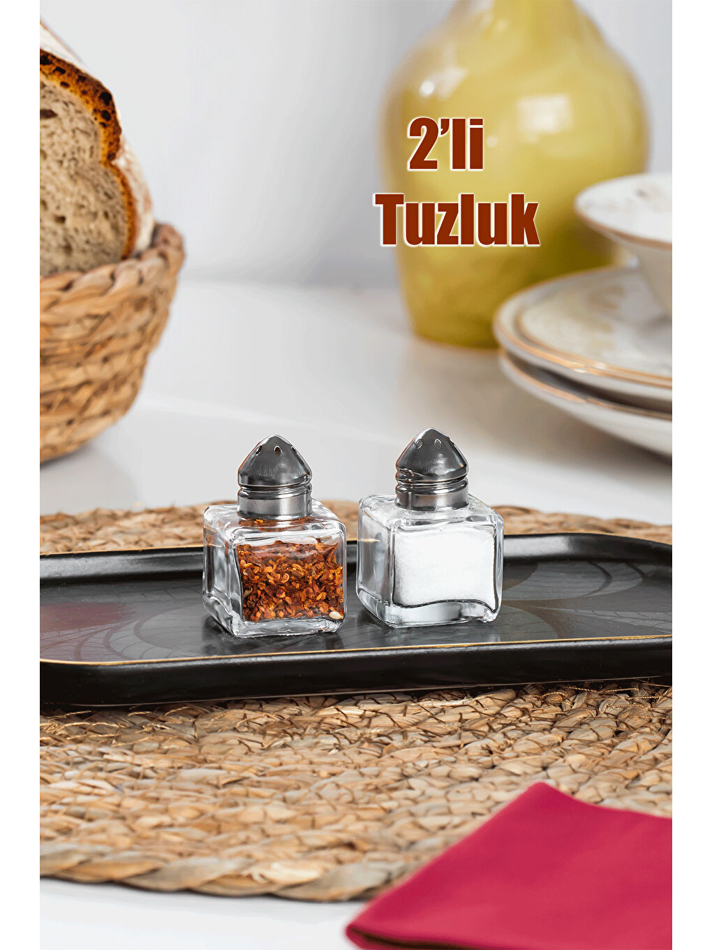 Porsima Renksiz Cupe Mini Cam Tuzluk Ve Biberlik Seti 2'li  Metal Kapak Kare Tuzluk Seti Sofra Tuzluğu 4x3 cm