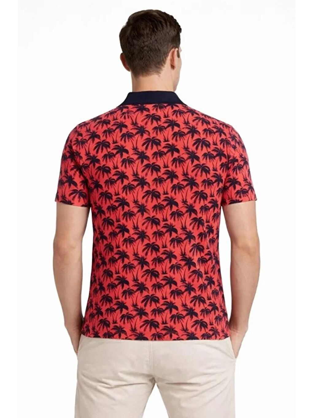 Kırmızı Erkek Pike Kumaş Polo Yaka Palmiye Desenli Tişört-2