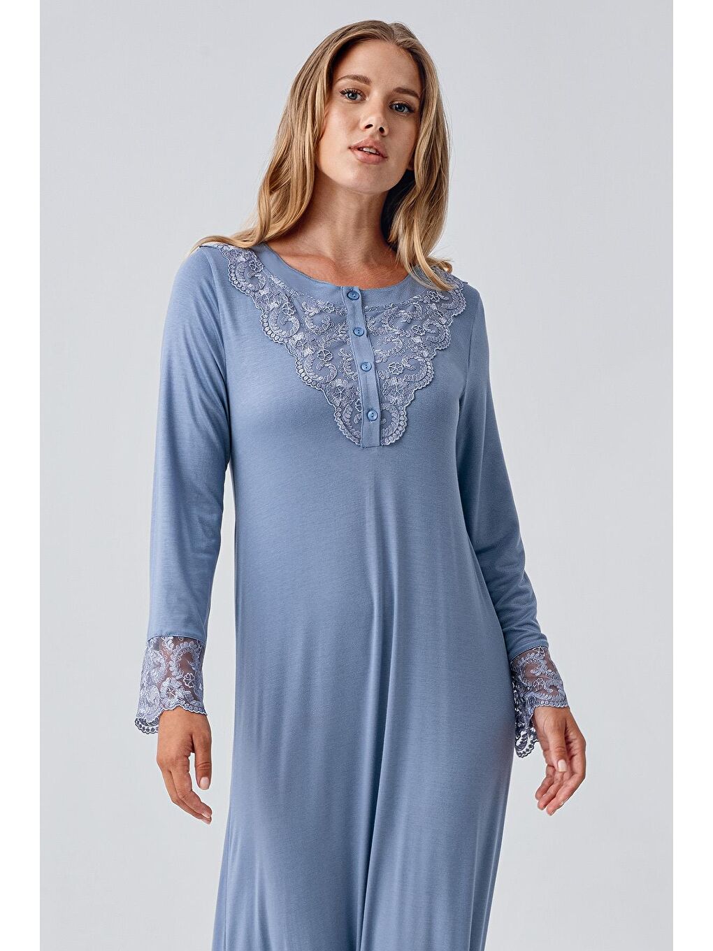 İndigo Uzun Kollu Dantelli Düğmeli Esnek Viskoz Gecelik-2