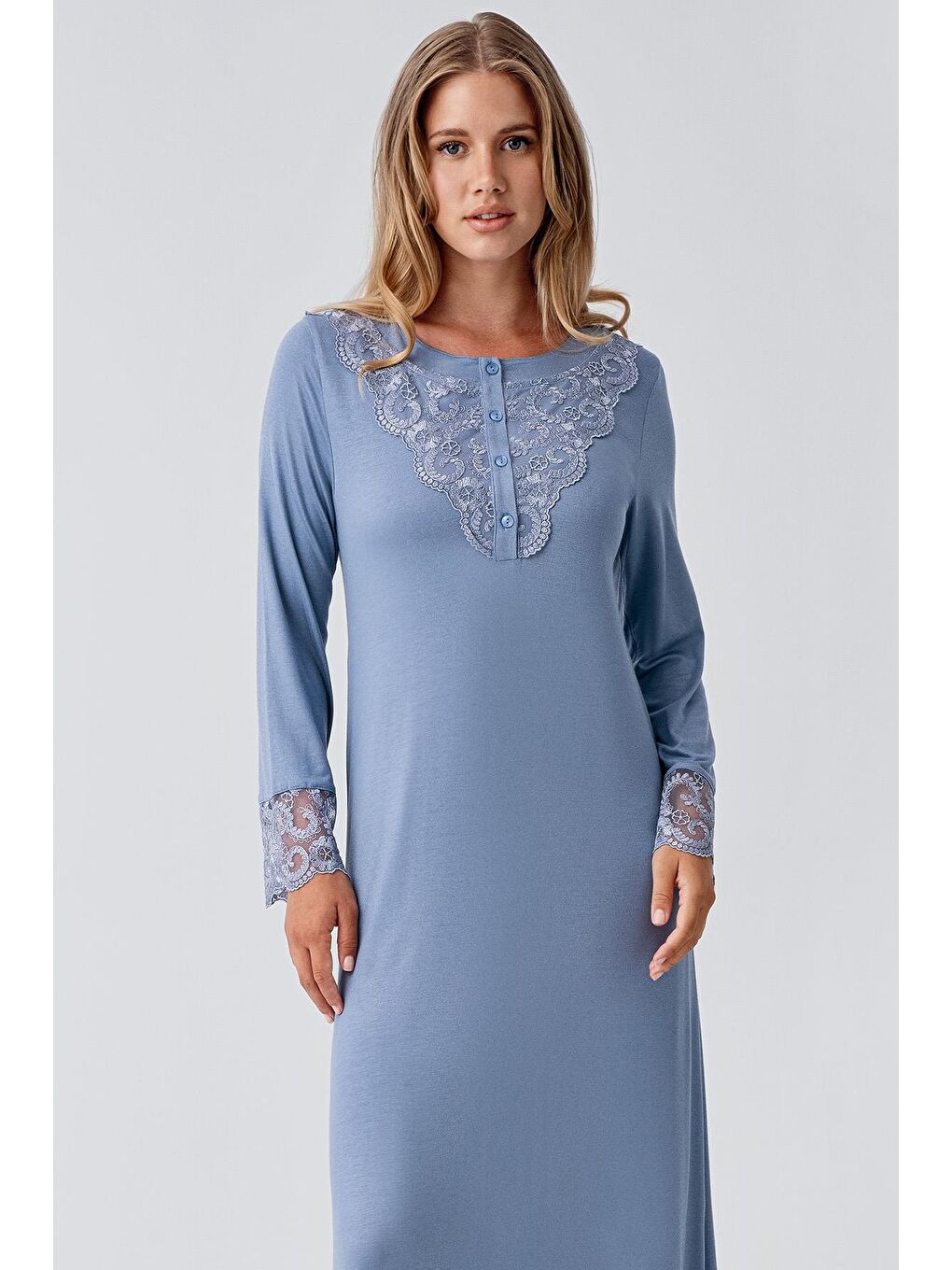 İndigo Uzun Kollu Dantelli Düğmeli Esnek Viskoz Gecelik-3