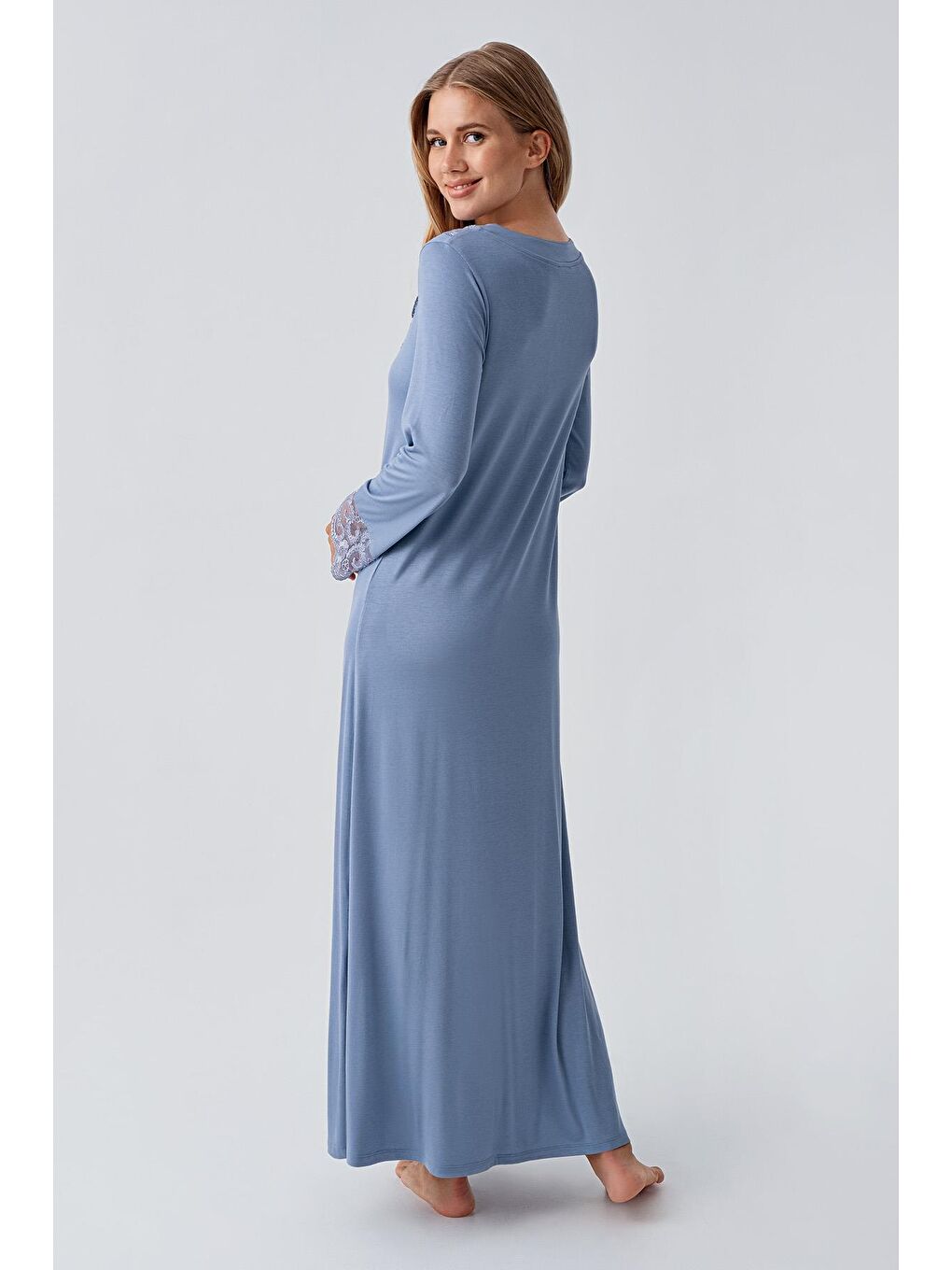 İndigo Uzun Kollu Dantelli Düğmeli Esnek Viskoz Gecelik-4