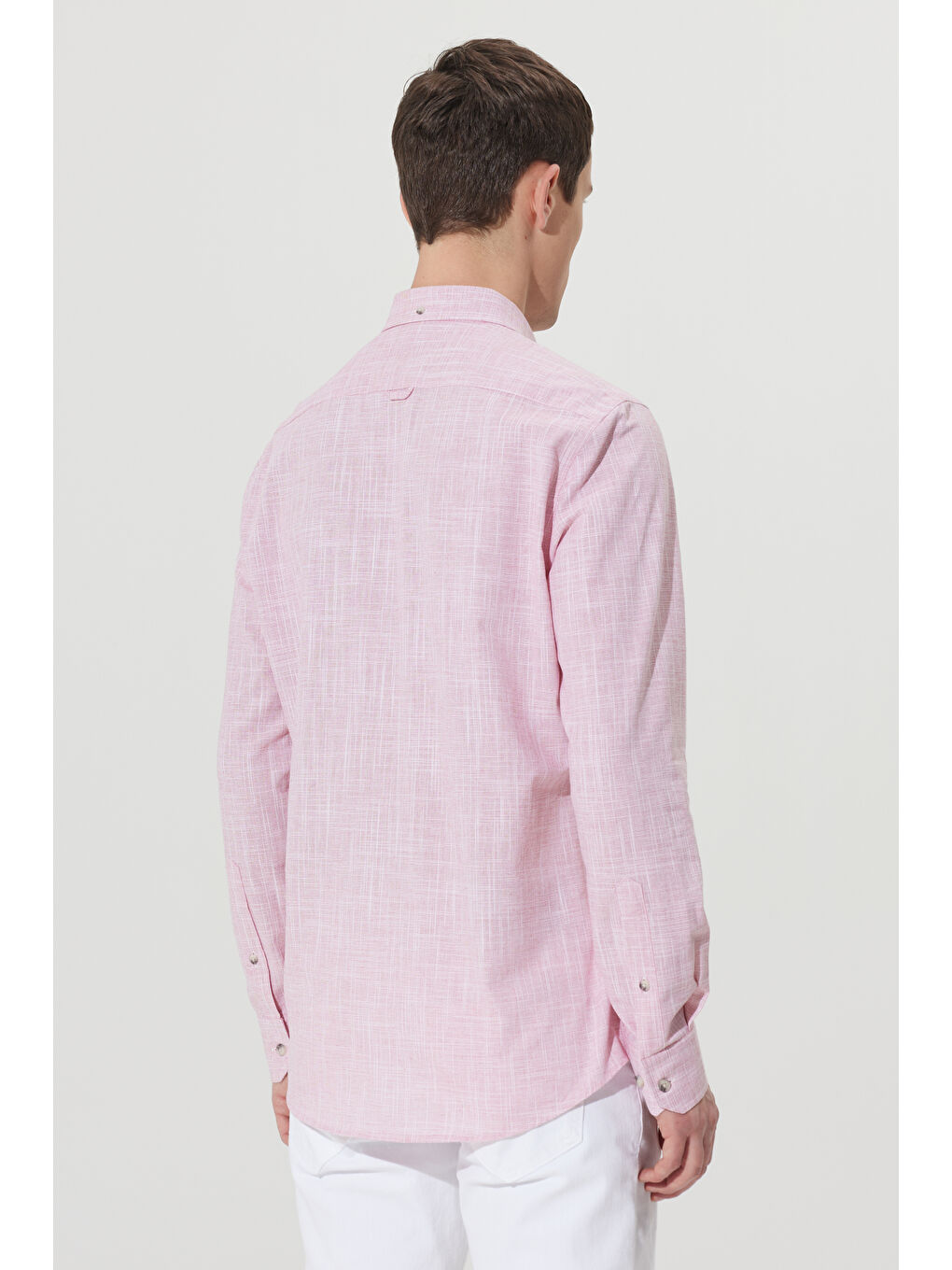 Erkek Bordo Slim Fit Dar Kesim Düğmeli Yaka Keten Görünümlü %100 Pamuk Flamlı Gömlek-6