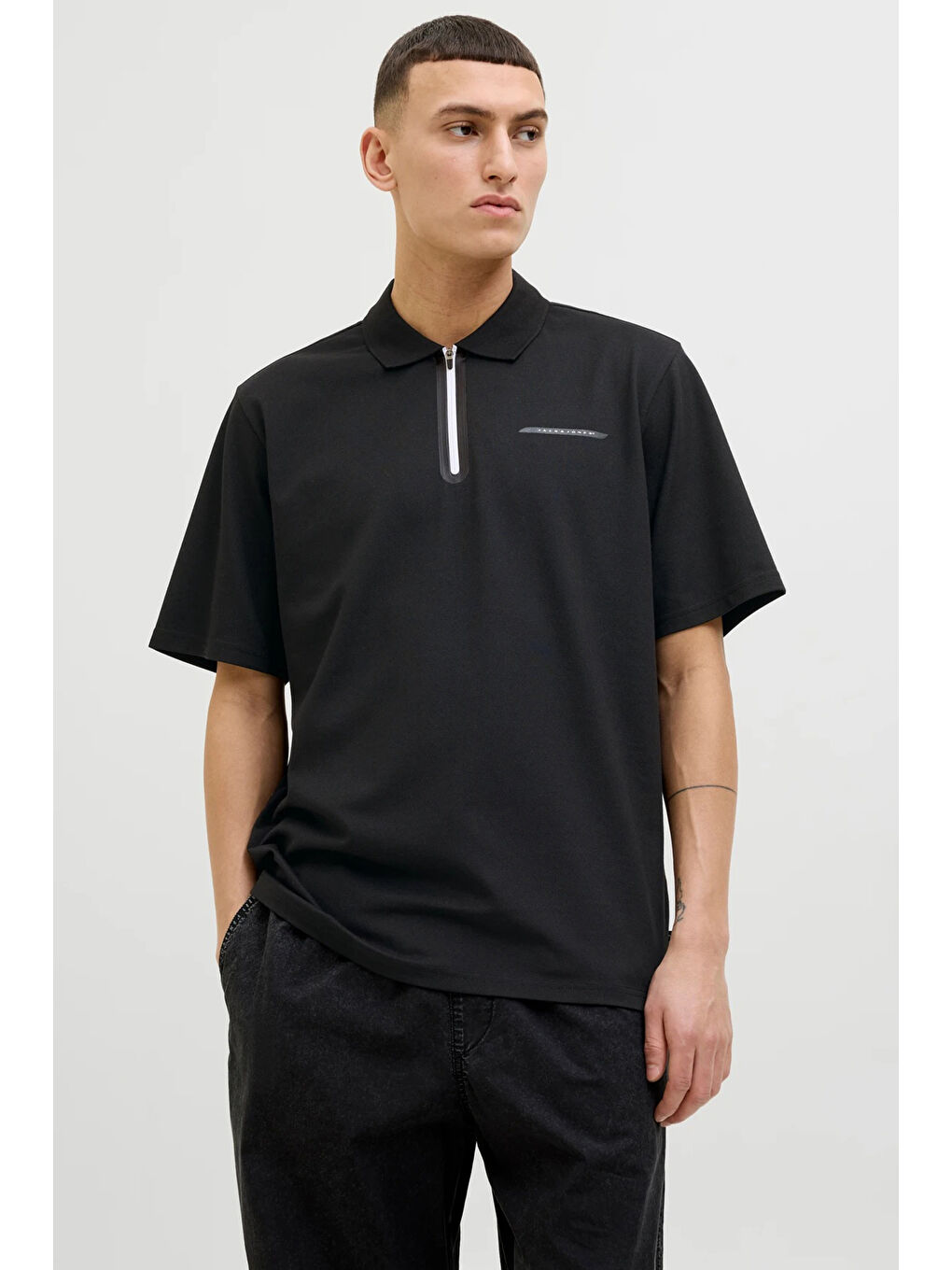 Siyah Core Jcofusion Pamuklu Regular Fit Yarım Fermuarlı Polo Yaka T Shirt 12273127