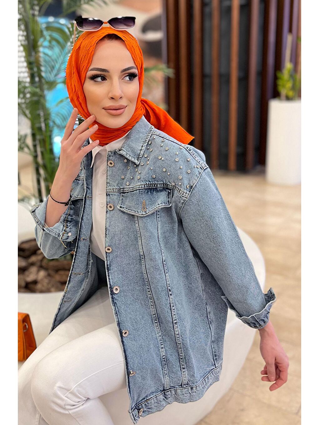 Gömlek Yaka Kadın Mavi Taşlı Jean Ceket - 23050