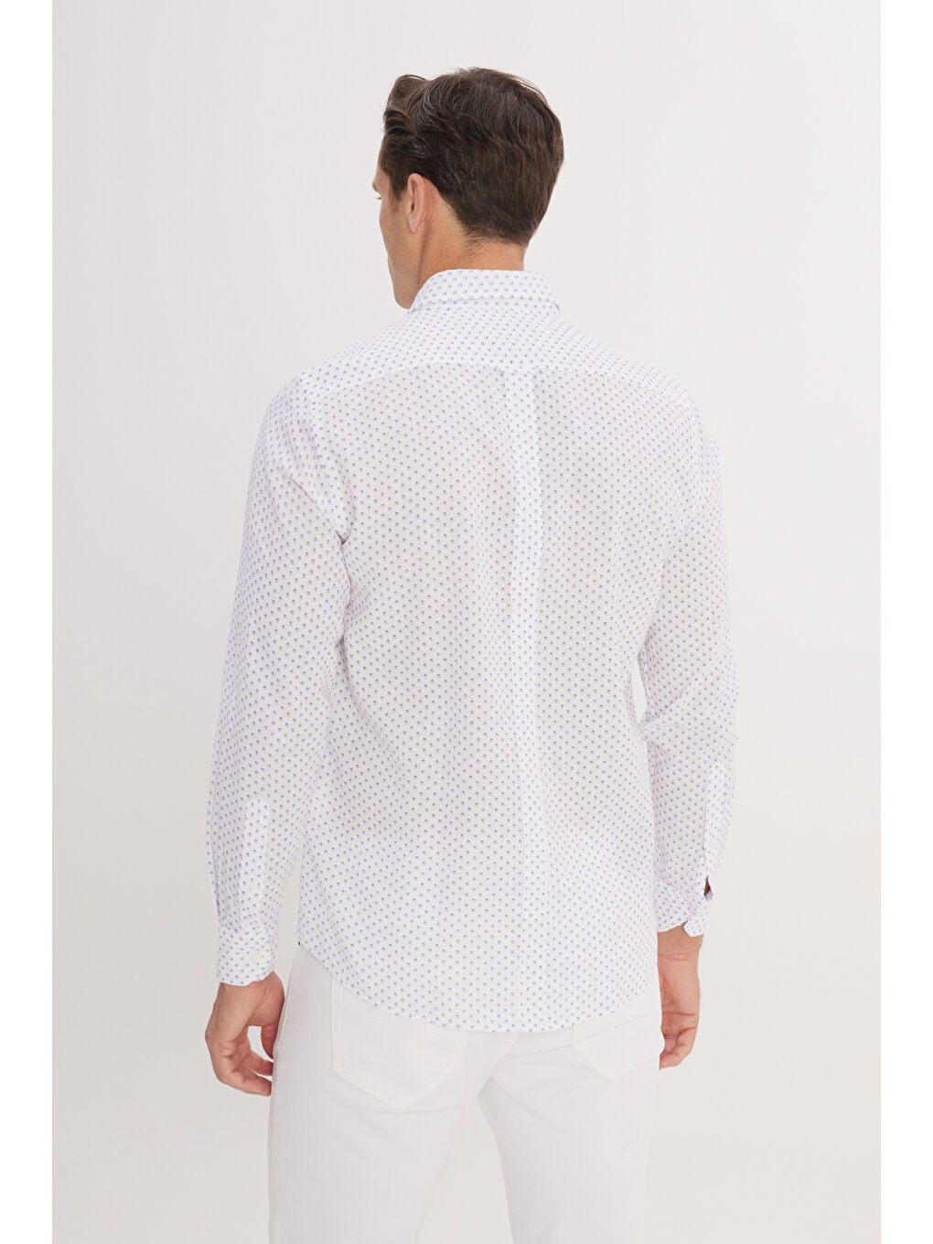 Erkek Beyaz-Lacivert Slim Fit Dar Kesim Düğmeli Yaka Pamuklu Baskılı Gömlek-4