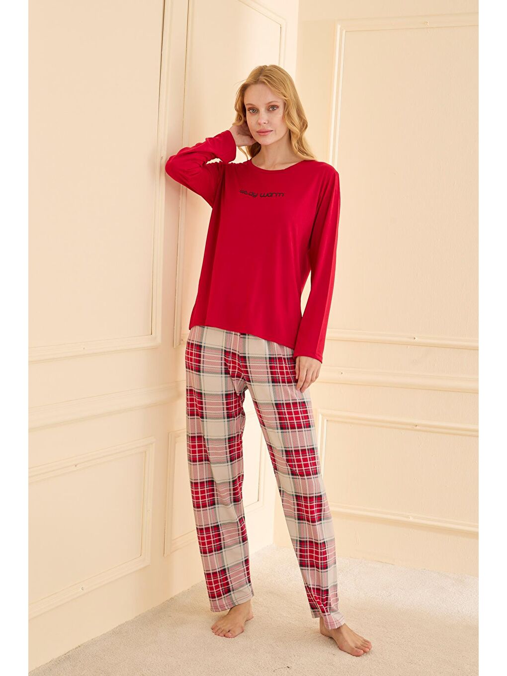 Kadın Milan Genç Bisiklet Yaka Pijama Takımı | Kırmızı 50902-2357