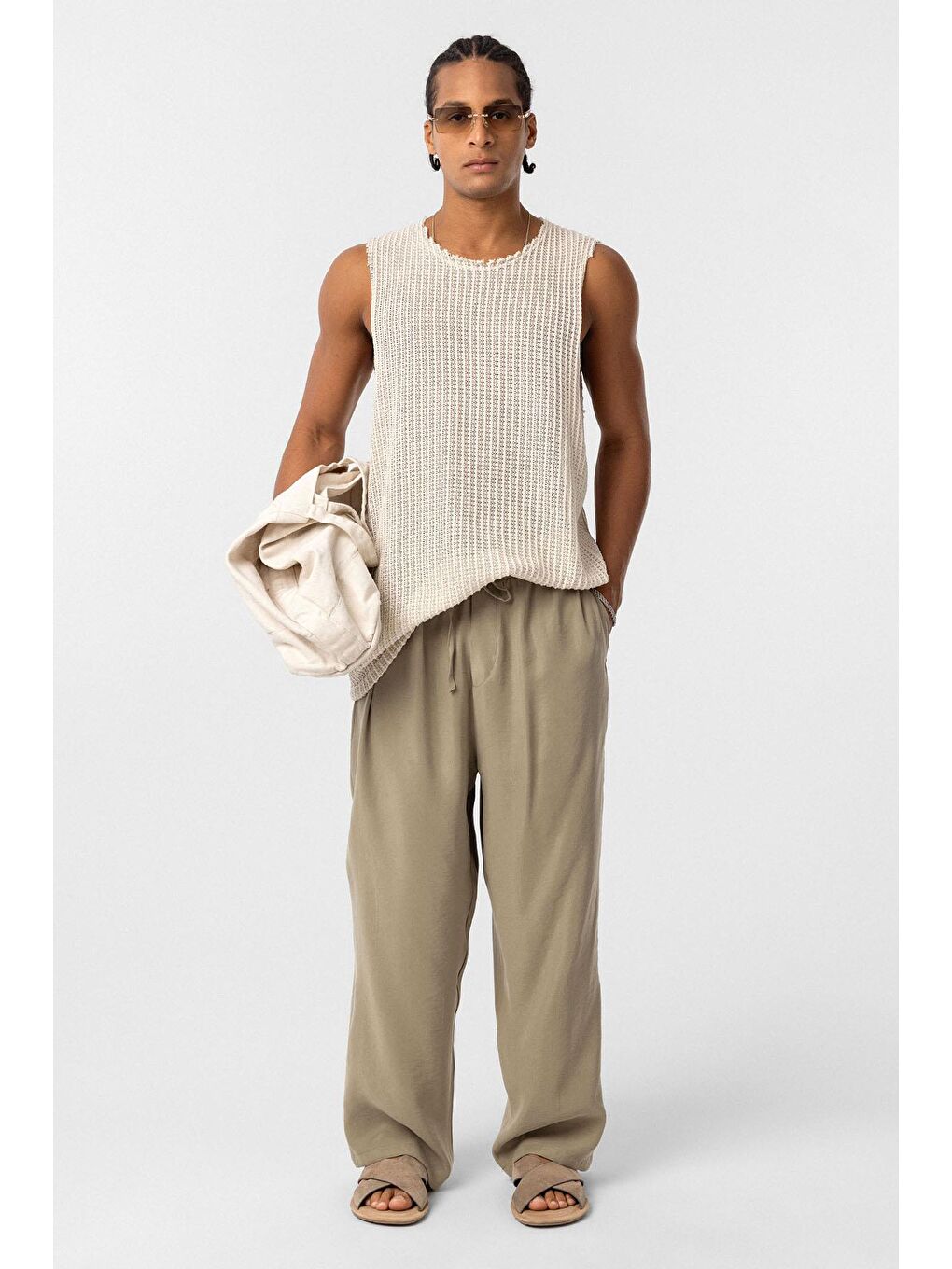 Baggy Fit Modal Kumaş Erkek Pantolon Haki